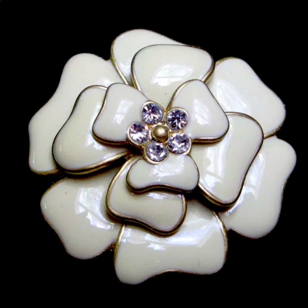 Cream Enamel Flower with Rhinestone Crystal Brooch